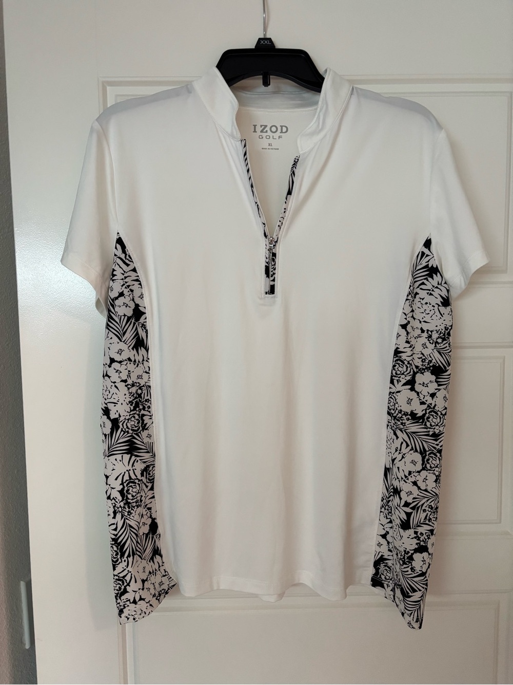 Izod White Short Sleeve Zip Polo with Black Floral Side Panels